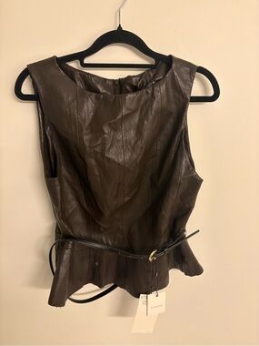 Zara Sleeveless Brown Faux-Leather Peplum Top